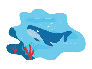 Underwater vector illustration. Underwater scenery with whale, coral and seaweed. Underwater world.