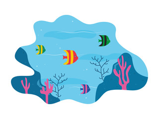 Underwater vector illustration. Underwater scenery with various kinds of fish, coral and seaweed. Underwater world.