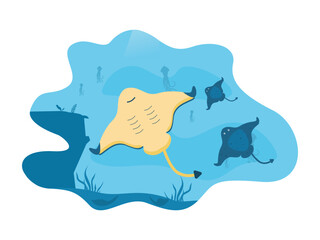 Underwater vector illustration. Underwater scenery with stingray, coral and seaweed. Underwater world.
