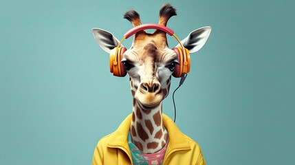 Fototapety   a giraffe wearing headphones and a yellow jacket.  generative ai