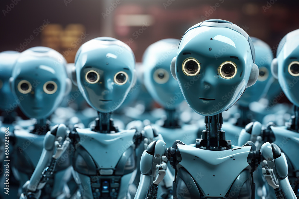 Poster group of blue robots standing next to each other. this image can be used to depict unity, teamwork, 