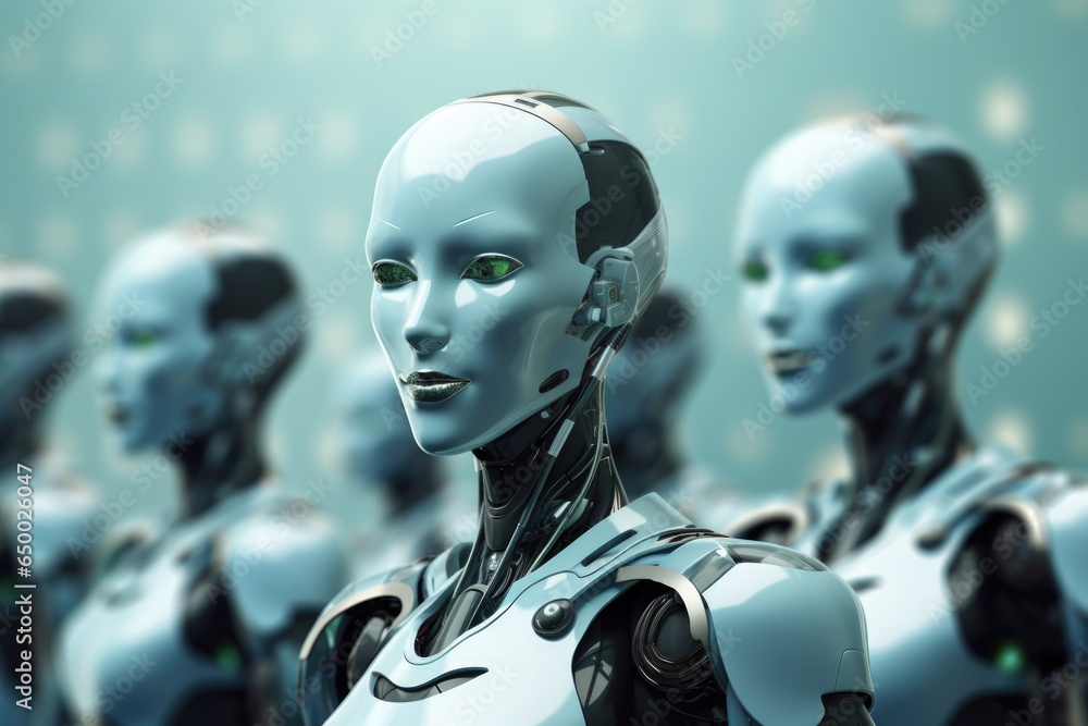 Poster group of robots standing next to each other. perfect for illustrating teamwork and collaboration. ca