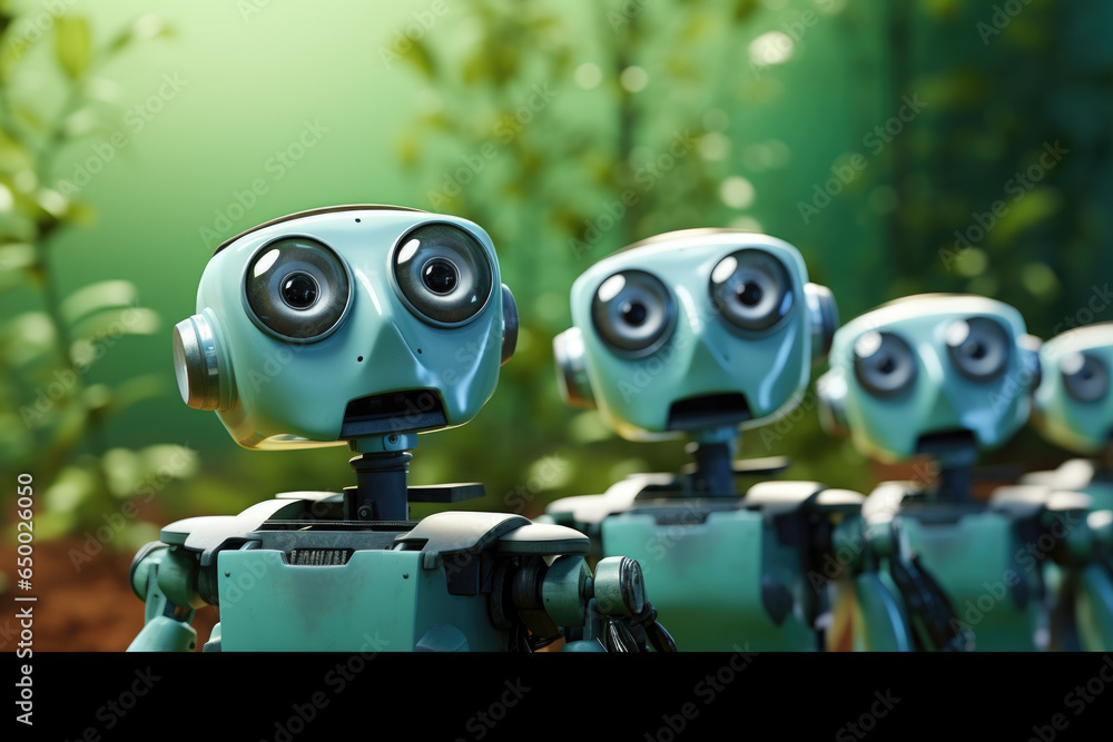 Poster group of robots standing next to each other. can be used to illustrate technology, automation, and f