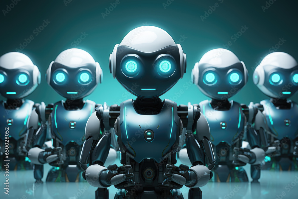 Poster group of robots standing in row. this picture can be used to depict futuristic technology concept or
