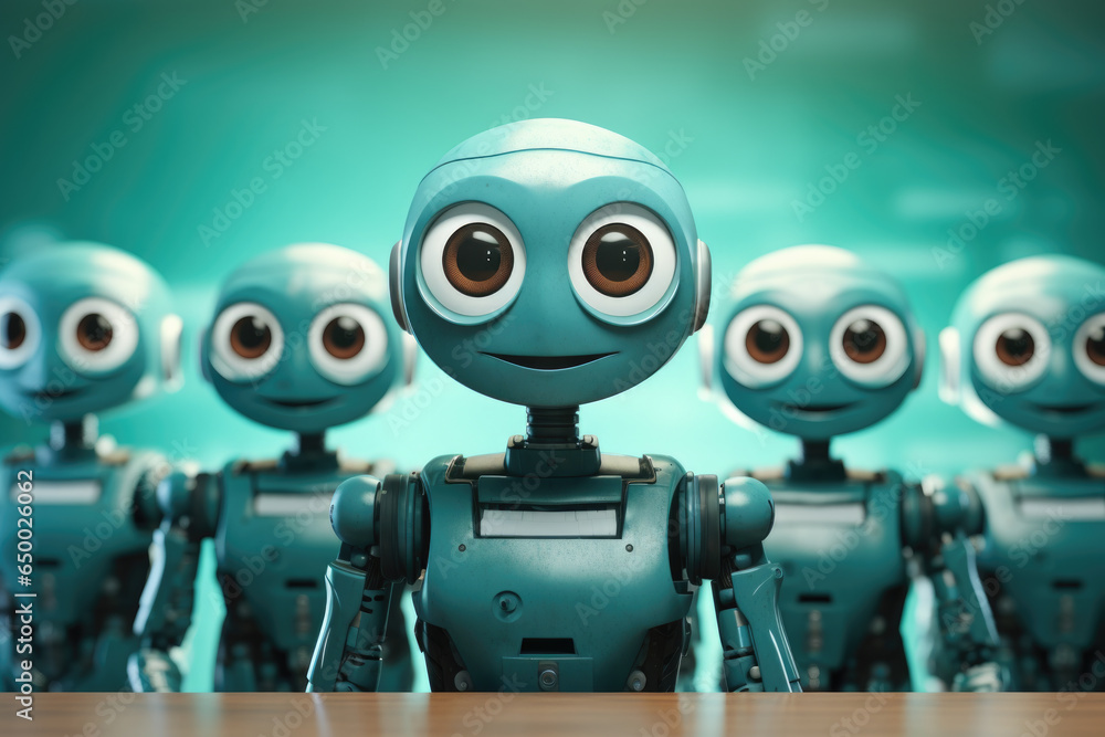 Poster group of blue robots standing in row. perfect for technology and innovation concepts.