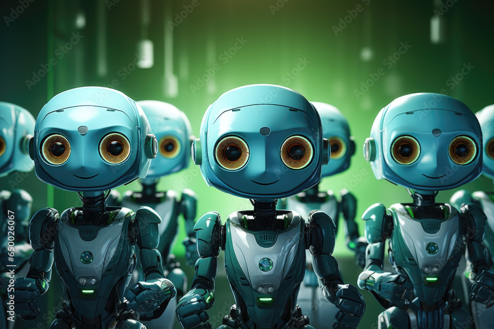 Poster group of robots standing next to each other. perfect for technology and innovation concepts.