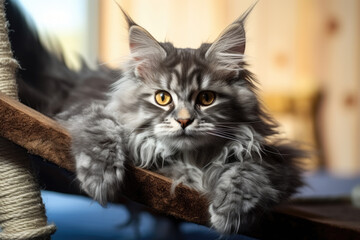 Fluffy gray cat is seen laying on top of cat tree. This image can be used to showcase cozy and comfortable space for cats to relax and play.