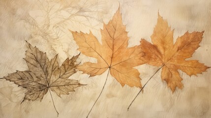 Naklejka na ściany i meble autumn leaves dried and skeletal on handmade paper texture background