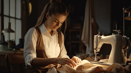 Female tailor using a sewing machine in her studio, Designer, Elegant.