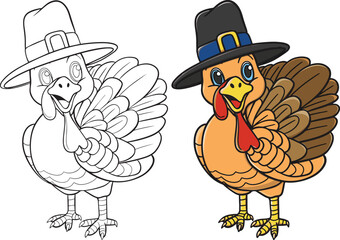 Turkey bird with a hat. Cartoon character. Doodles art for Thanksgiving Day. Coloring book for adults and kids.