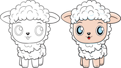 Cute Sheep cartoon. Black and white lines. Coloring book for kids. Activity Book.