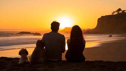 Back view of romantic young couple with dog relax enjoy watching sunset on the beach