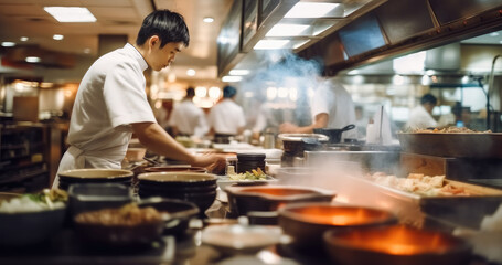 Chef preparing food, Busy Japanese restaurant, Staff in motion.