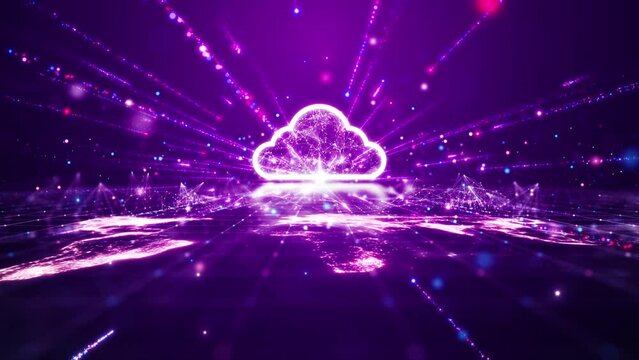 Cloud and edge computing technology data transfer Backup storage concept. A large cloud icon stands out in the middle of interconnected polygons. Abstract world map particles on dark pink background.