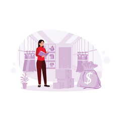 The clothing shop owner checks the stock of clothes in the shop. Check the goods ordered by the buyer. Digital Shopping concept. Trend Modern vector flat illustration