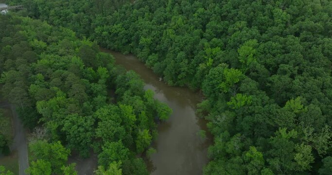 Arkansas State Route 7 Bridge over Fourche La Fave River by Castle Bluff, downstream from Nimrod Lake - Aerial tilt-up reveal