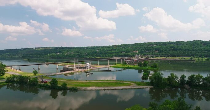 View Of Big Dam Bridge From Cook's Landing Park In Little Rock, Arkansas, USA. wide aerial