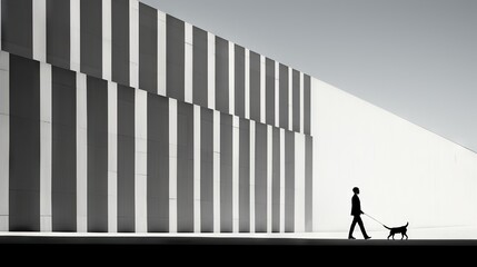  a person walking a dog in front of a tall building.  generative ai