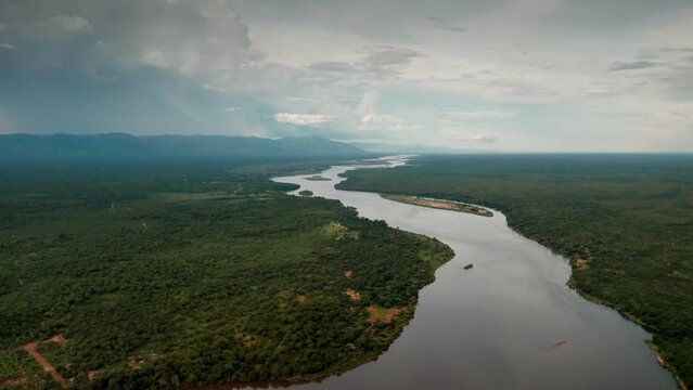 Zambezi river aerial view by drone in Zimbabwe and Zambia
