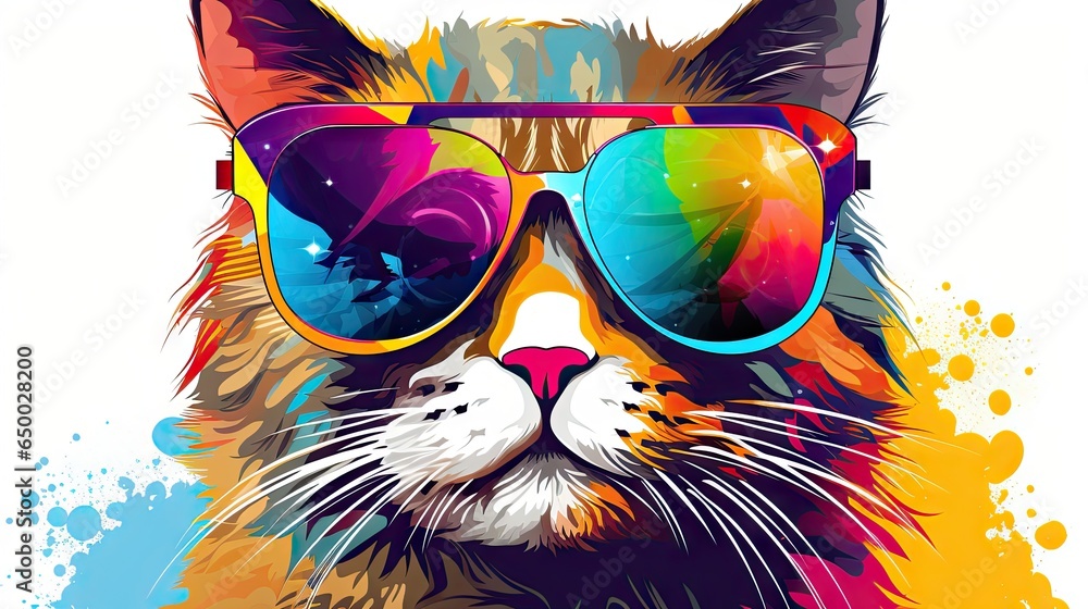 Wall mural  a colorful cat wearing sunglasses with a splash of paint on it.  generative ai