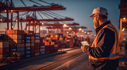 Engineer using tablet for working at containers yard from cargo freight ship.