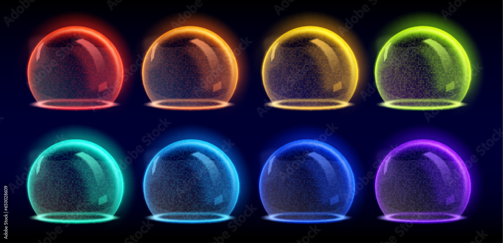 Poster 3d protect shield sphere bubble effect vector. abstract red dome force field barrier with secure ene