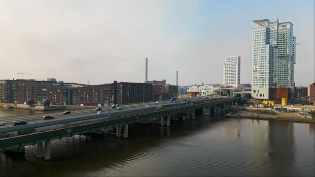 Highway leading towards central Helsinki and Redi towers skyscrapers in Kalasatama, Finland.