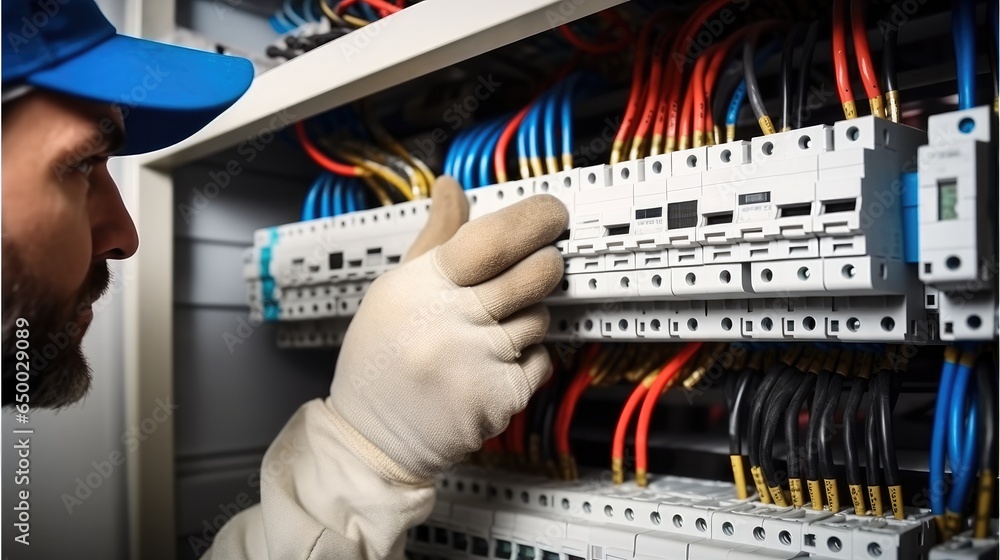 Poster technician checking fuse box in control room.