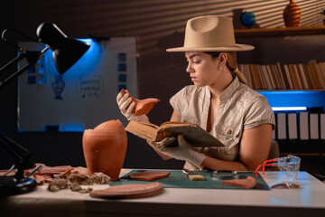 Archeologist reading old book working late night in office and studying amphora