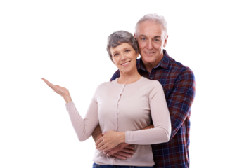 Hug, presentation and happy old couple isolated on transparent png background in trust, love or care. Portrait, senior man and woman pointing, showing product placement for marriage or retirement.