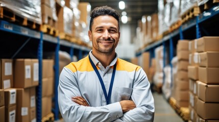 Portrait of a retail shipping analyst working at warehouse, Stock management and logistics, Factory distribution maintenance.