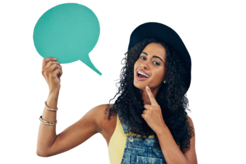 Thinking, portrait and woman with speech bubble, FAQ or mockup on isolated, transparent and png background. Questions, face and female student with why, sign up or social media, how to and idea