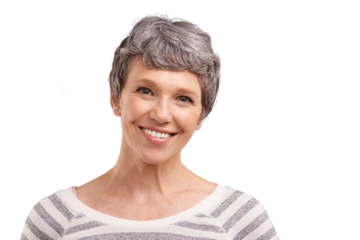 Mature woman, portrait with smile and retirement with positive attitude isolated on png transparent background. Senior German model, face and happiness with natural beauty, wellness and relax