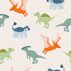 Baby seamless pattern with dinosaurs. Funny flat animals. Colorful childish print with Dino. Creative vector background in Scandinavian style. Cute cartoon dinosaurs. Boho nursery design