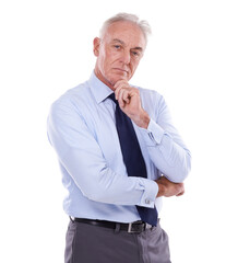 Senior, businessman and portrait of thinking with idea, inspiration or problem solving on...