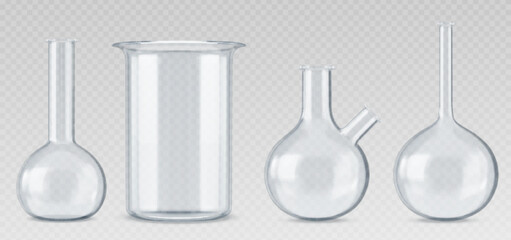 Chemistry measuring glass beakers. Realistic vector illustration set of round and conical empty transparent laboratory flasks and tubes. Lab glassware equipment for scientific experiments and tests.