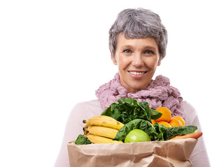 Mature woman, groceries and portrait for shopping fruits and vegetables with sale or supermarket promotion. Happy customer for healthy food, paper bag or retail isolated on transparent png background