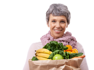 Mature woman, groceries and portrait for shopping fruits and vegetables with sale or supermarket promotion. Happy customer for healthy food, paper bag or retail isolated on transparent png background