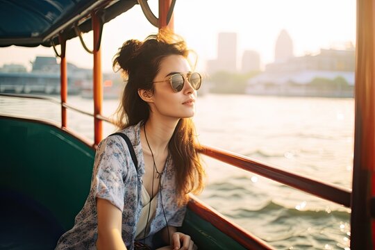 Tourist woman exploring Bangkok on ferry boat, wearing sunglasses and admiring the cityscape. Photo generative AI