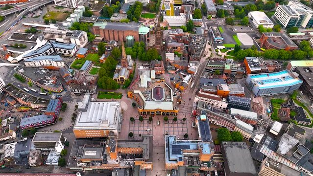 Aerial view of Coventry, a city in central England known for the medieval Coventry Cathedral and statue of lady Godiva