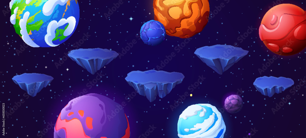 Poster floating platform space game level ui background. 2d planet in galaxy for online adventure videogame