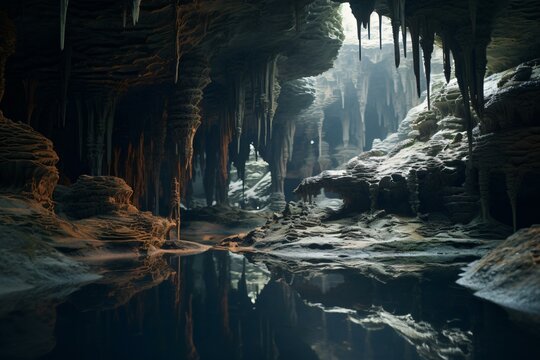A beautiful underground cave with crystal clear water and rocky formations