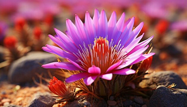A vibrant purple flower standing tall on a rocky surface