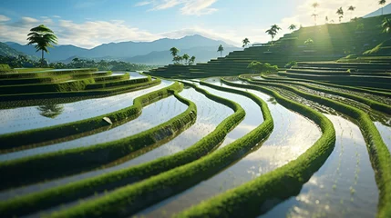 Schilderijen op glas A picturesque rice field with a majestic mountain as its backdrop © KWY
