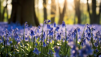 A beautiful field of bluebells in a sunlit forest - Powered by Adobe