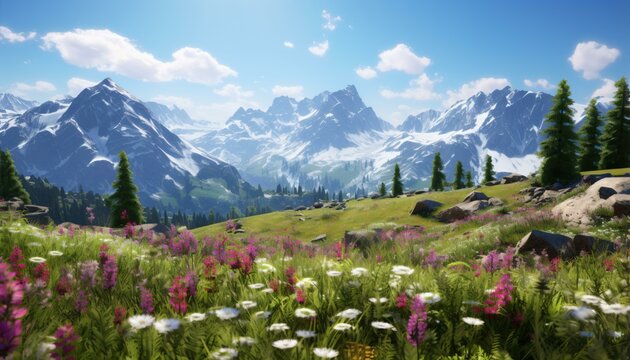 A picturesque mountain landscape adorned with vibrant wildflowers