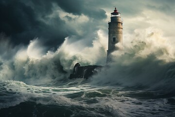 Fototapeta na wymiar A lighthouse standing strong amidst a raging storm at sea