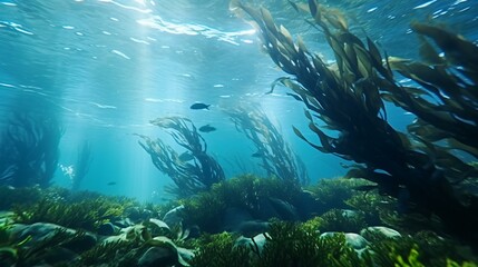 A school of fish swimming in a vast aquatic landscape
