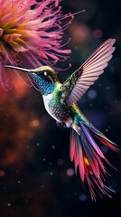 A vibrant hummingbird in flight towards a beautiful pink flower