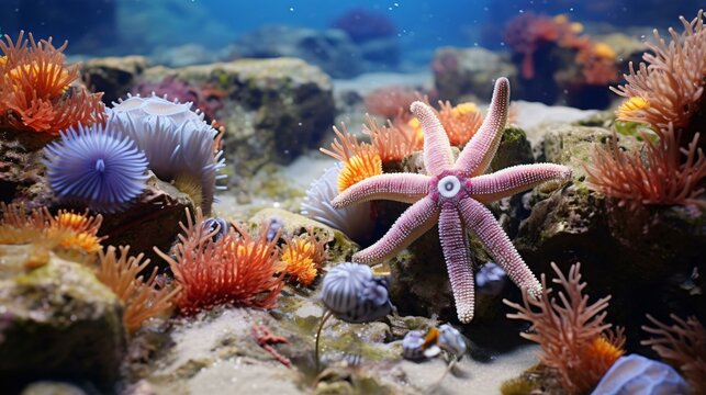 A starfish in an aquarium surrounded by colorful sea life